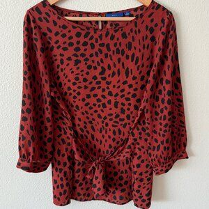 Apt. 9 Red Black Animal Print 3/4 Sleeve Tie Front/Back Blouse Size‎ M
